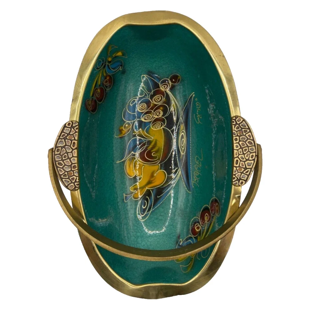 Vintage 1960s Brass Turquoise Enamel Basket With Handle Signed Made in Israel